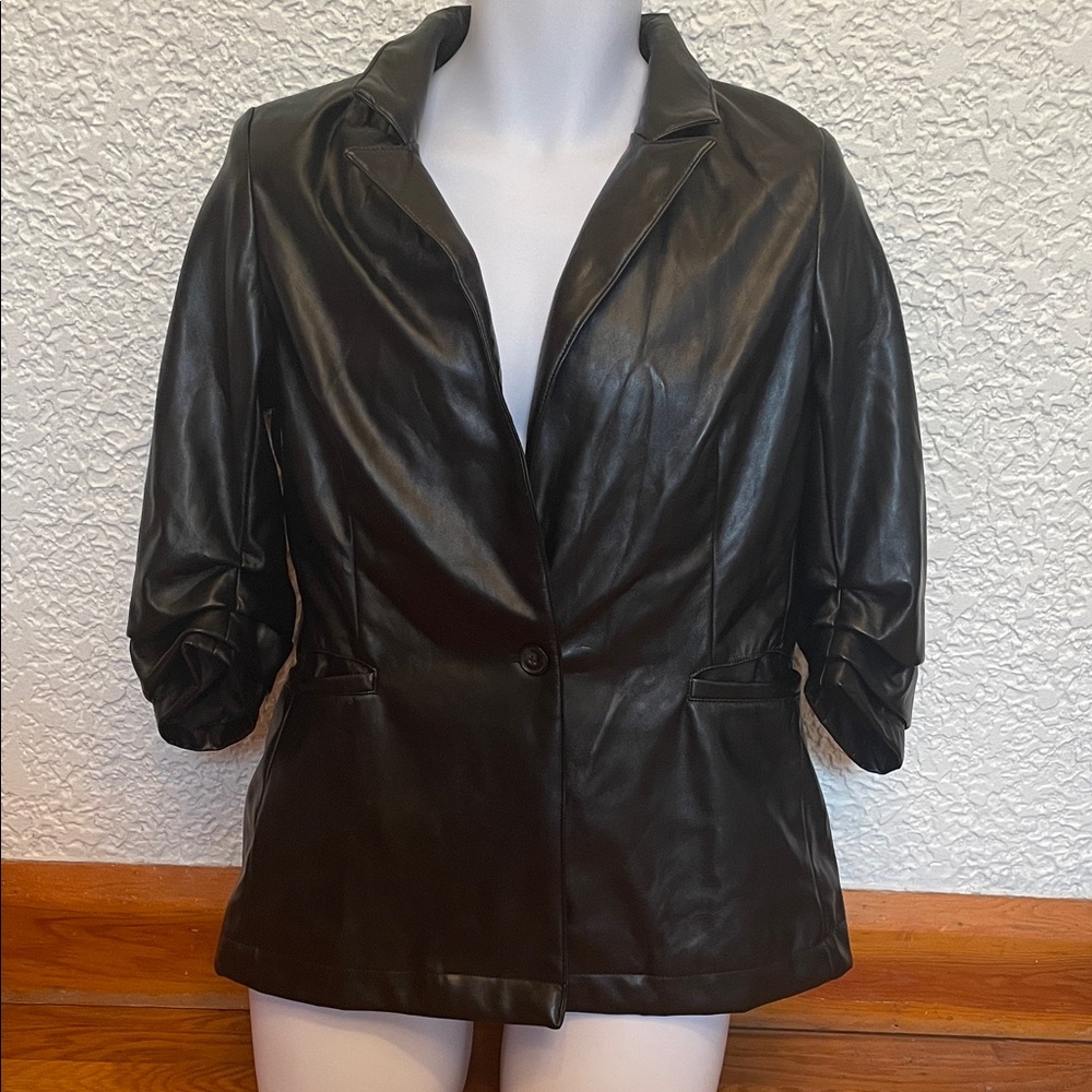 RACHEL ZOE Sleek Black Faux-Leather 3/4 Gathered Sleeve Jacket Blazer Y2K Office